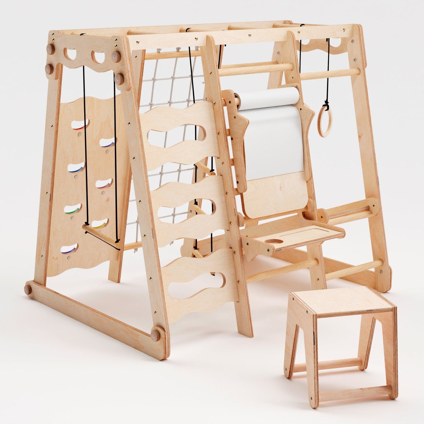 6in1 Indoor-Spielplatz aus Holz für Kinder – Schaukel, Rutsche, Seil und Treppe-5